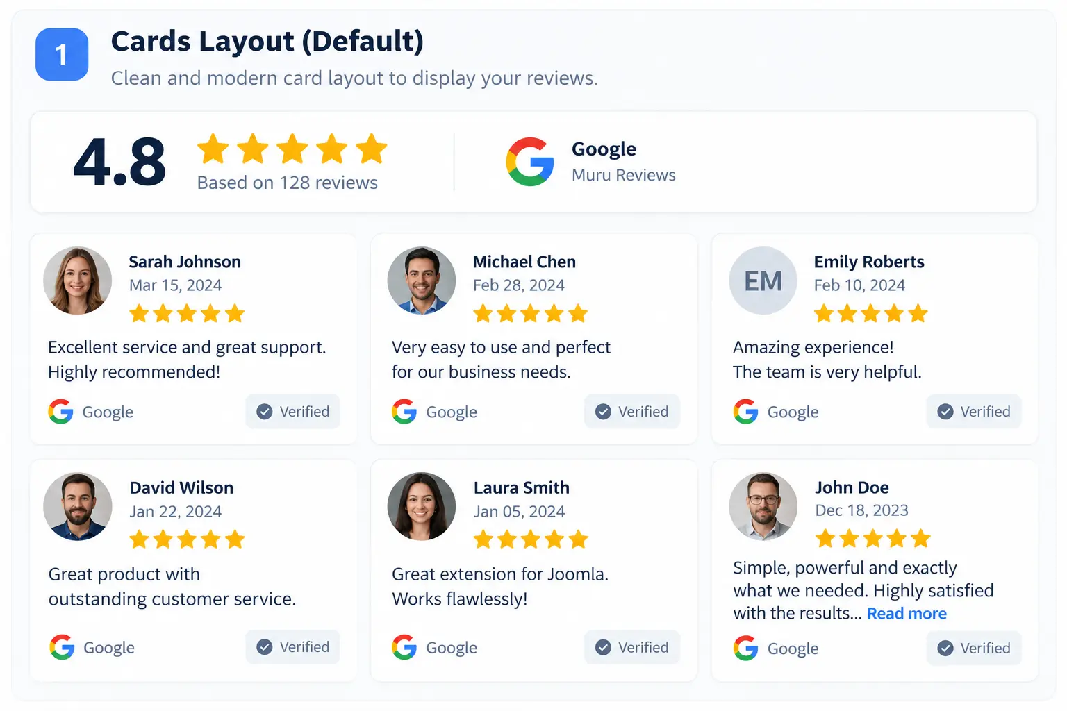 MuRu Reviews Cards layout showing Google reviews in a responsive grid with rating summary