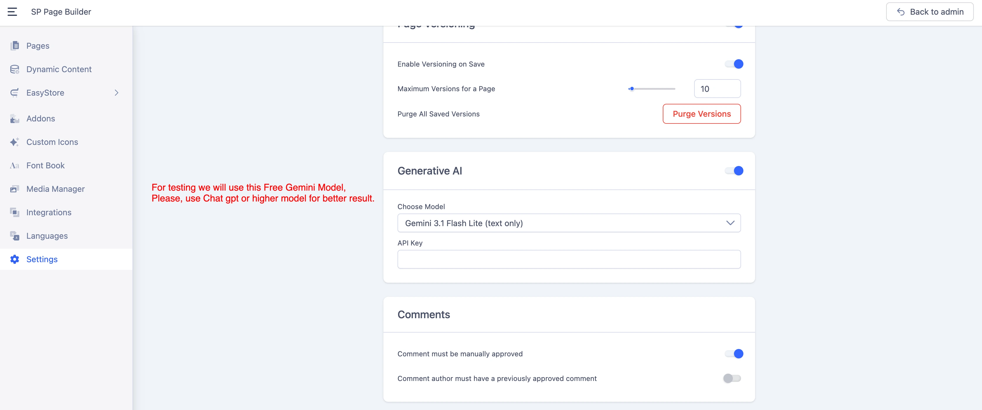 SP Page Builder settings with the Generative AI model and API key fields