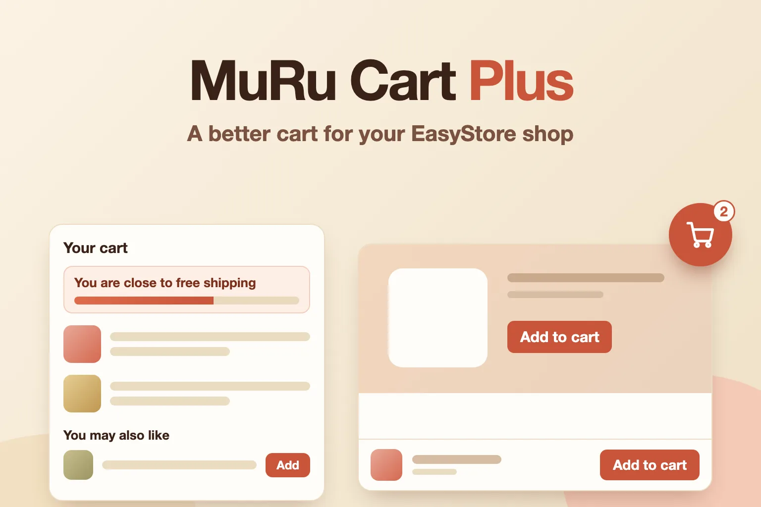 MuRu Cart Plus: a cart drawer with a free-shipping progress bar and an add-on offer, and a product page with a sticky add-to-cart bar